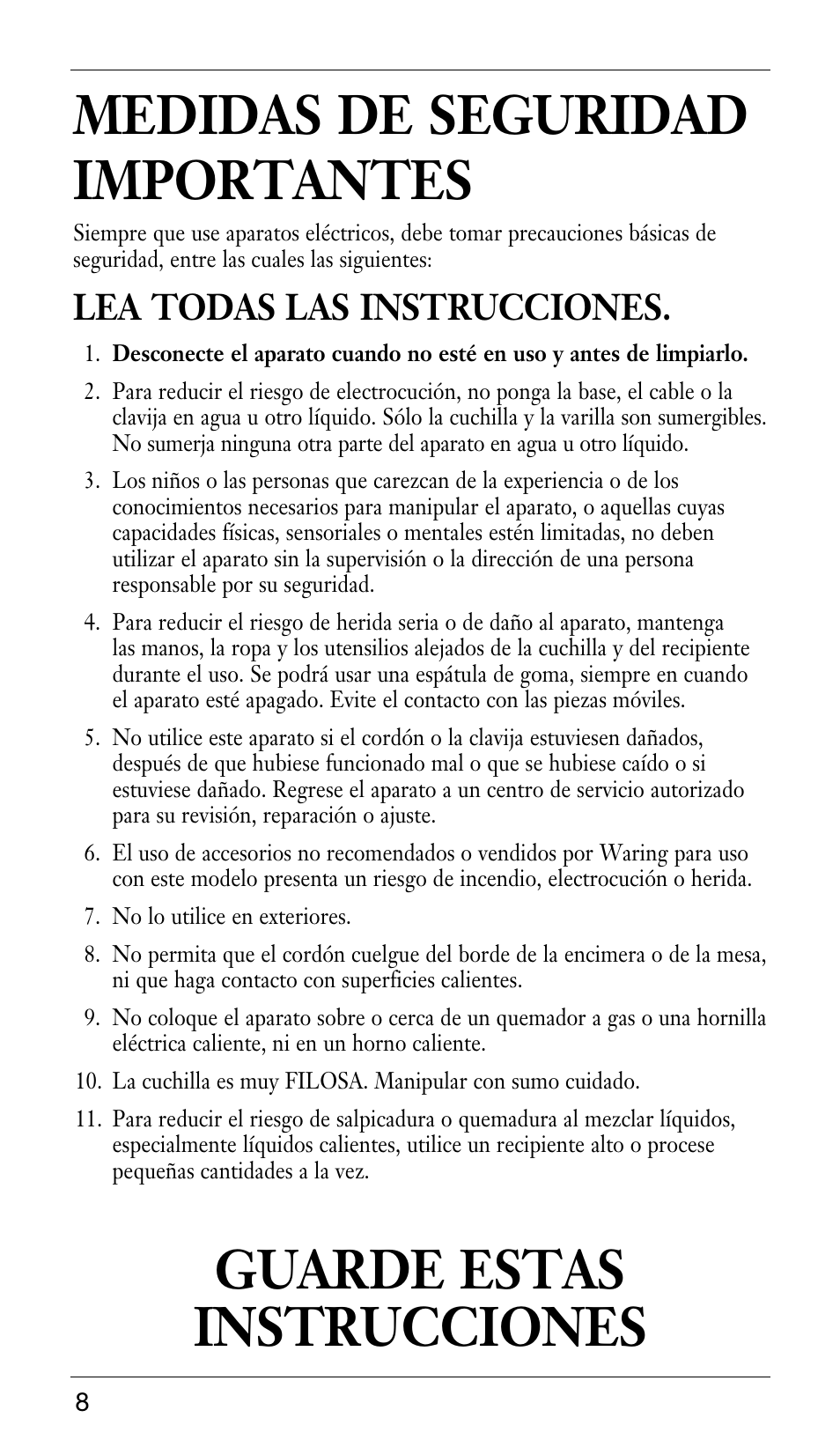 Medidas de seguridad importantes, Guarde estas instrucciones, Lea todas las instrucciones | Waring WSB33X User Manual | Page 8 / 20