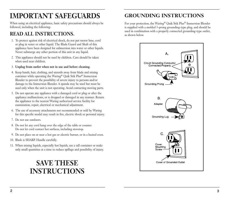 Important safeguards, Save these instructions, Read all instructions | Grounding instructions | Waring WSB40 User Manual | Page 2 / 5