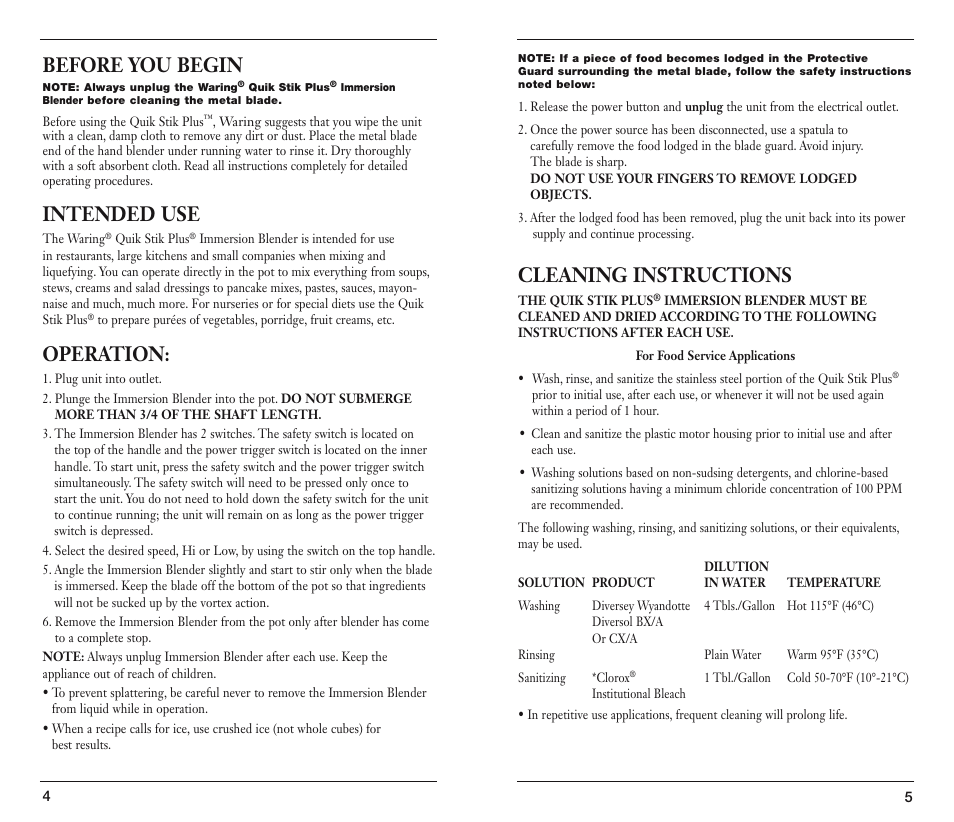 Before you begin, Intended use, Operation | Cleaning instructions | Waring WSB40 User Manual | Page 3 / 5