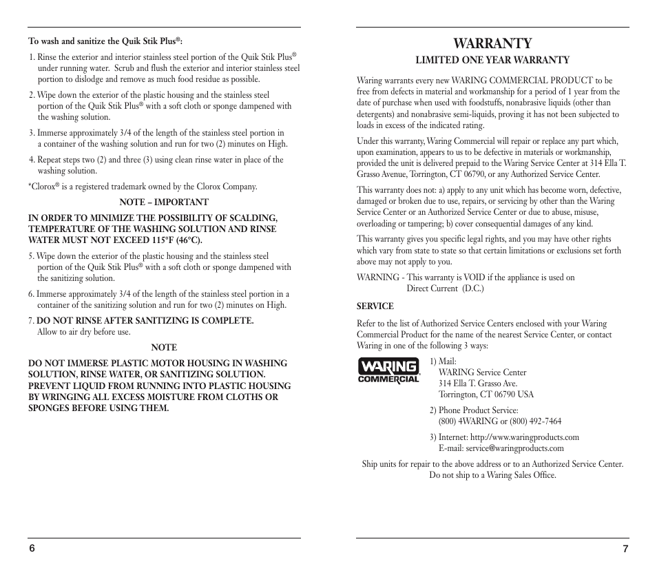 Warranty | Waring WSB40 User Manual | Page 4 / 5
