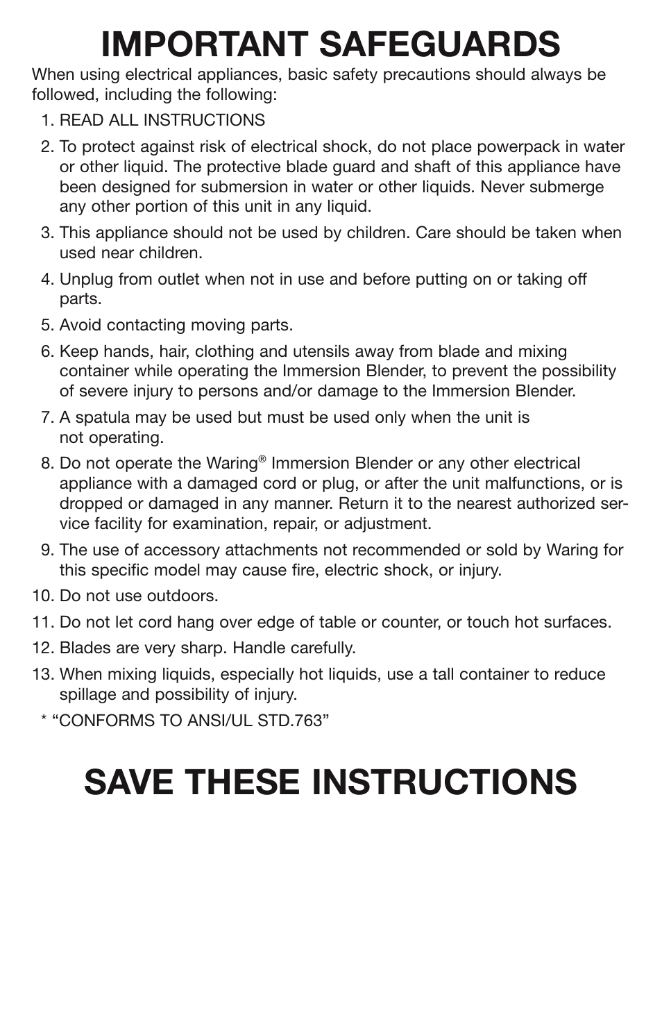 Important safeguards, Save these instructions | Waring WSB70 User Manual | Page 2 / 9