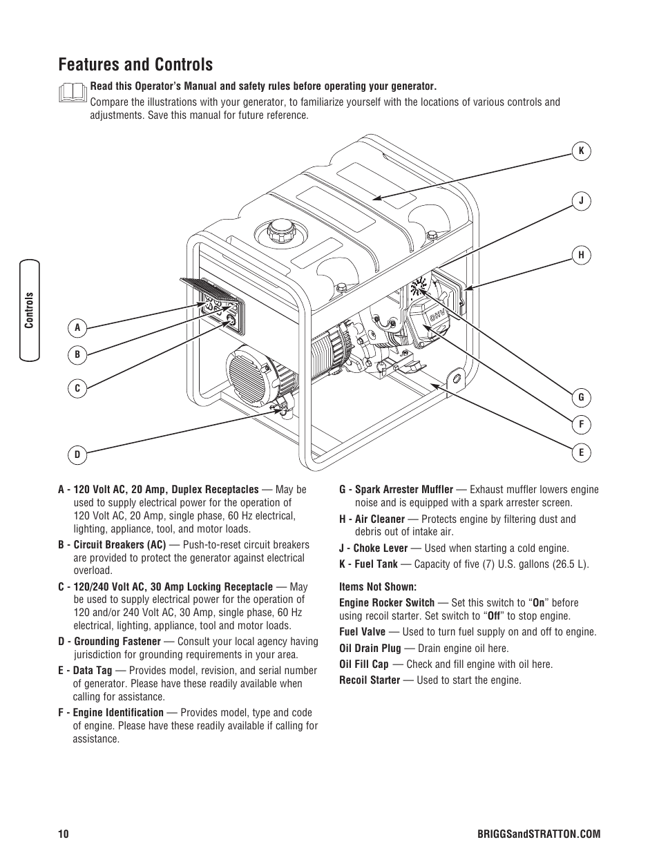 Features and controls | Briggs & Stratton PowerBoss 5600 Watt User Manual | Page 10 / 48