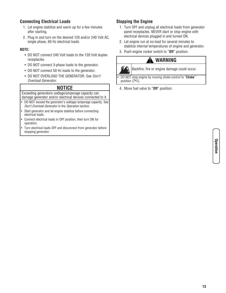 Connecting electrical loads stopping the engine, Warning, Notice | Briggs & Stratton PowerBoss 5600 Watt User Manual | Page 13 / 48