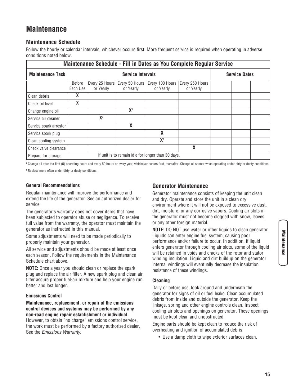 Maintenance, Maintenance schedule generator maintenance, Maintenance schedule | Generator maintenance | Briggs & Stratton PowerBoss 5600 Watt User Manual | Page 15 / 48