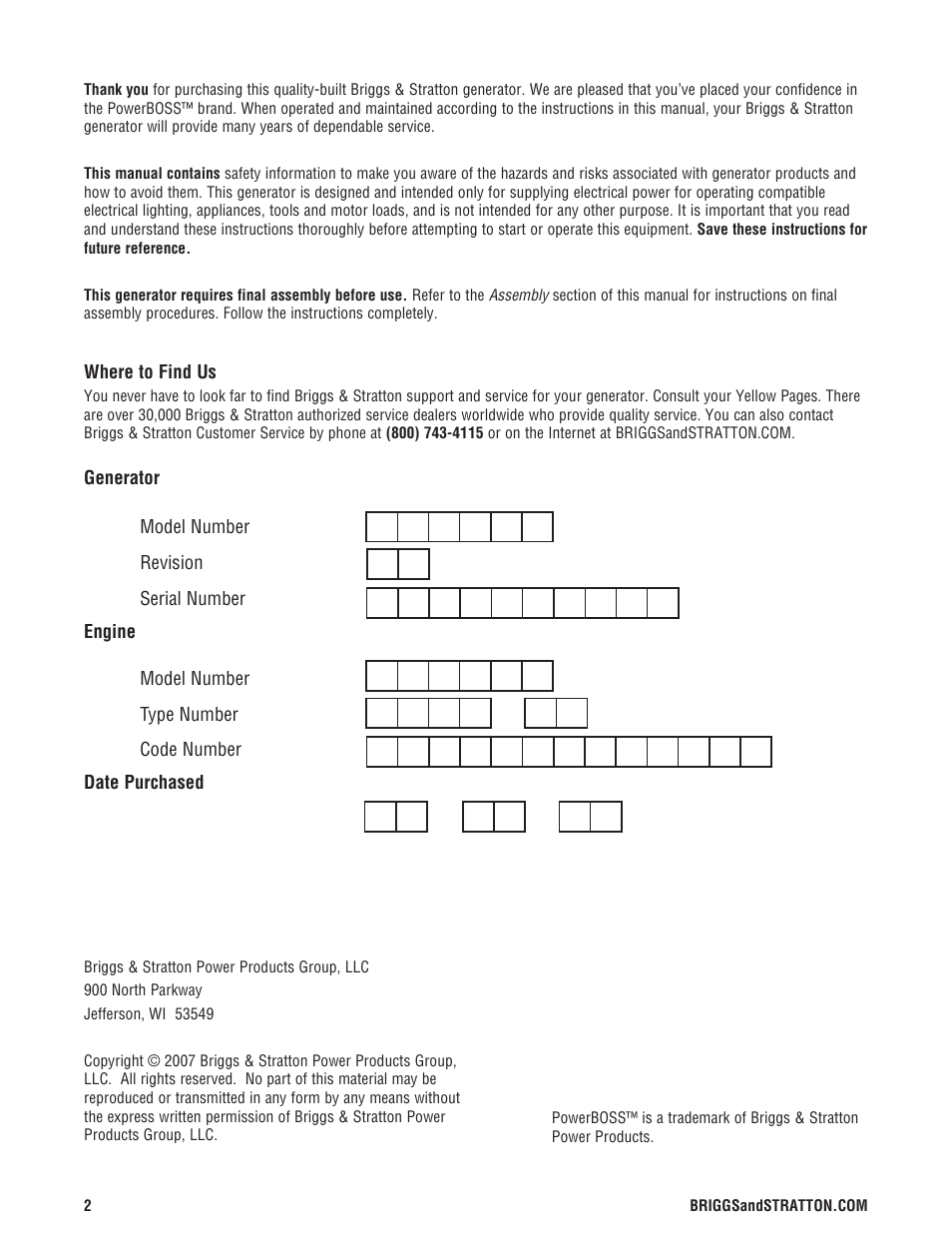 Briggs & Stratton PowerBoss 5600 Watt User Manual | Page 2 / 48