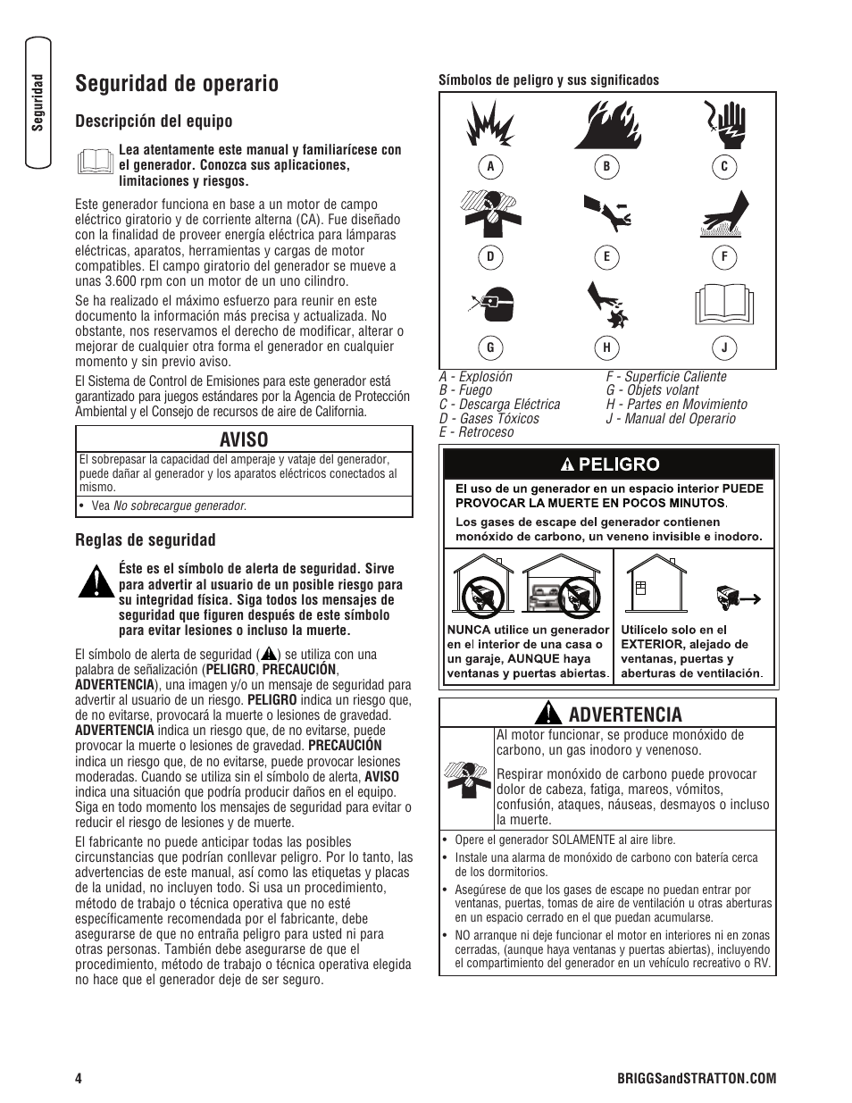 Seguridad de operario, Aviso, Advertencia | Briggs & Stratton PowerBoss 5600 Watt User Manual | Page 28 / 48