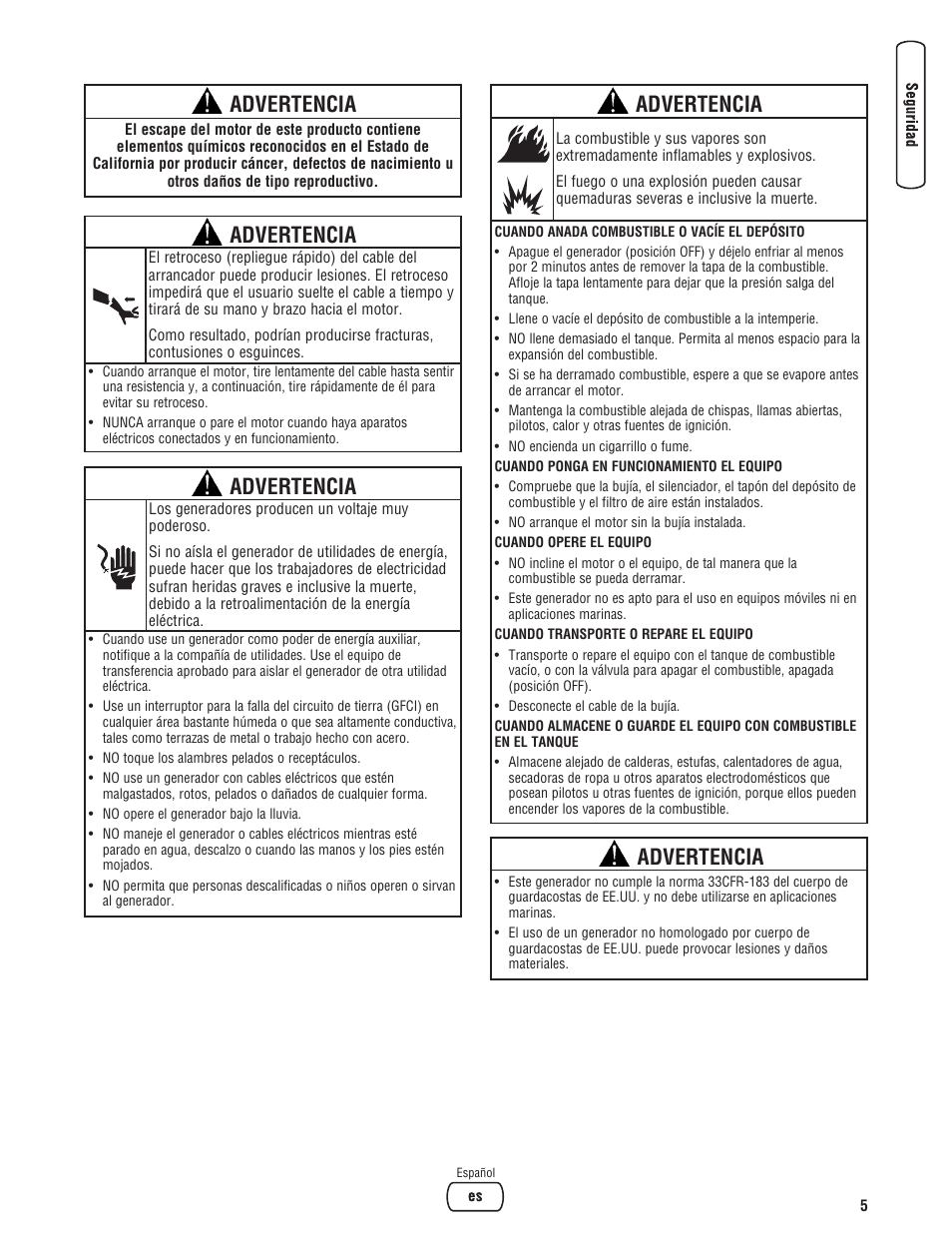 Advertencia | Briggs & Stratton PowerBoss 5600 Watt User Manual | Page 29 / 48
