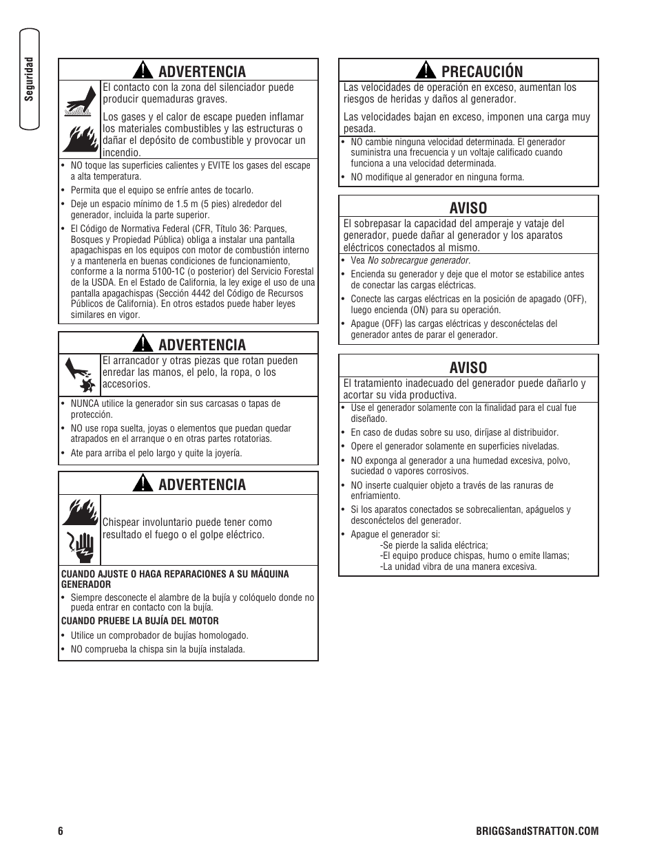 Advertencia, Precaución, Aviso | Briggs & Stratton PowerBoss 5600 Watt User Manual | Page 30 / 48
