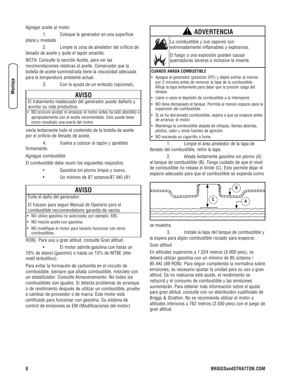 Aviso, Advertencia | Briggs & Stratton PowerBoss 5600 Watt User Manual | Page 32 / 48