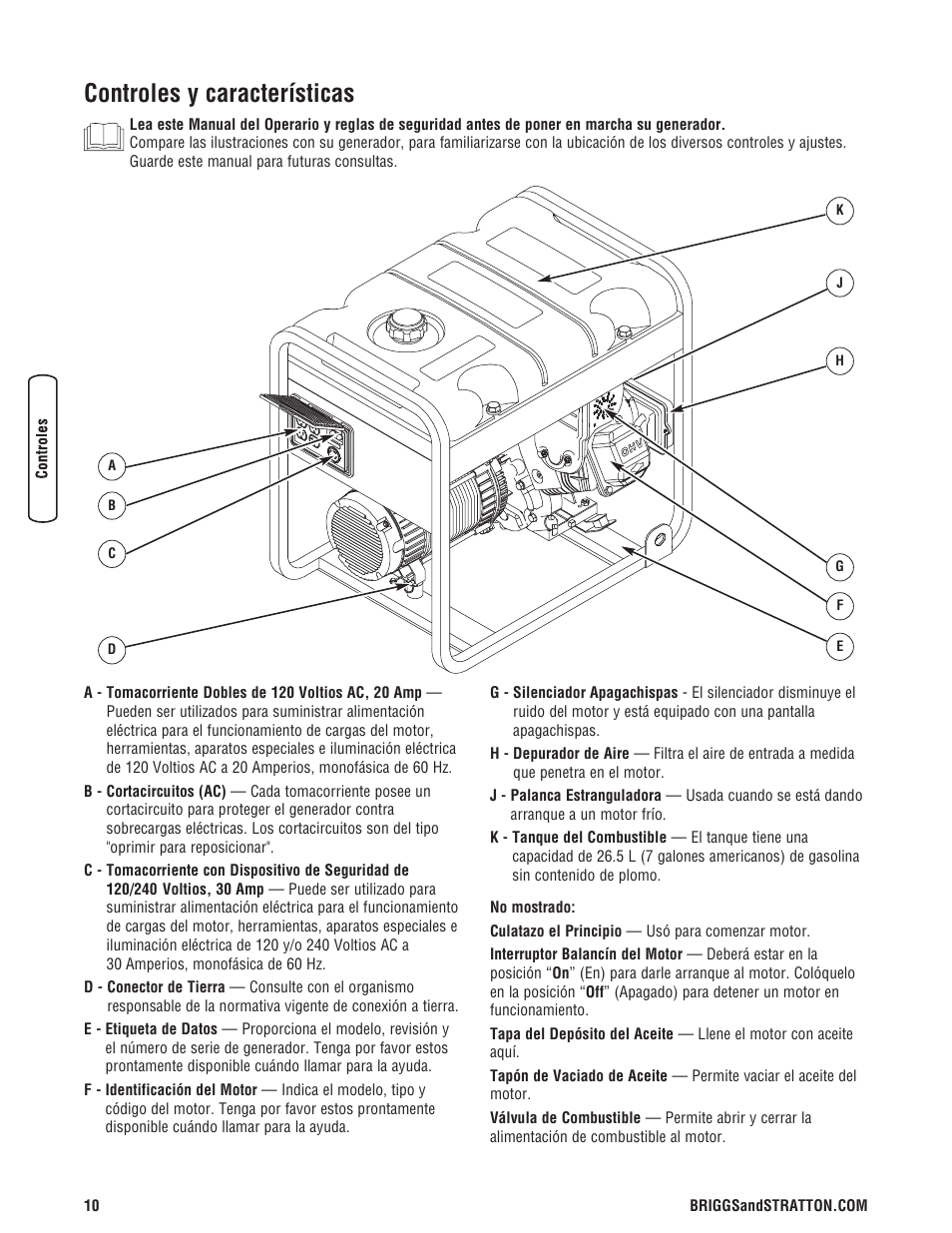 Controles y características | Briggs & Stratton PowerBoss 5600 Watt User Manual | Page 34 / 48