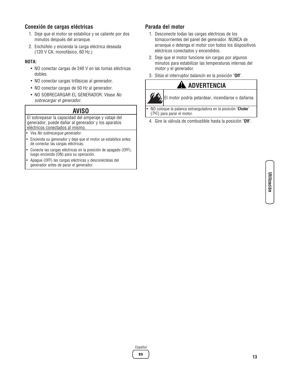 Aviso, Advertencia | Briggs & Stratton PowerBoss 5600 Watt User Manual | Page 37 / 48