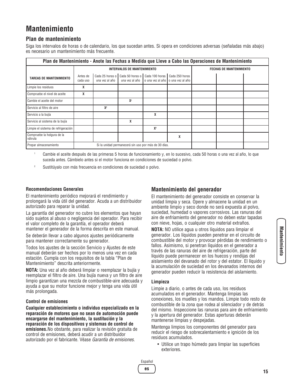 Mantenimiento, Mantenimiento del generador, Plan de mantenimiento | Briggs & Stratton PowerBoss 5600 Watt User Manual | Page 39 / 48