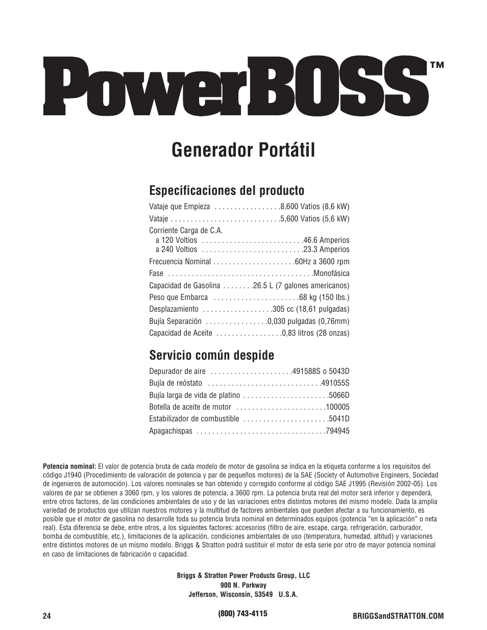 Generador portátil, Especificaciones del producto, Servicio común despide | Briggs & Stratton PowerBoss 5600 Watt User Manual | Page 48 / 48