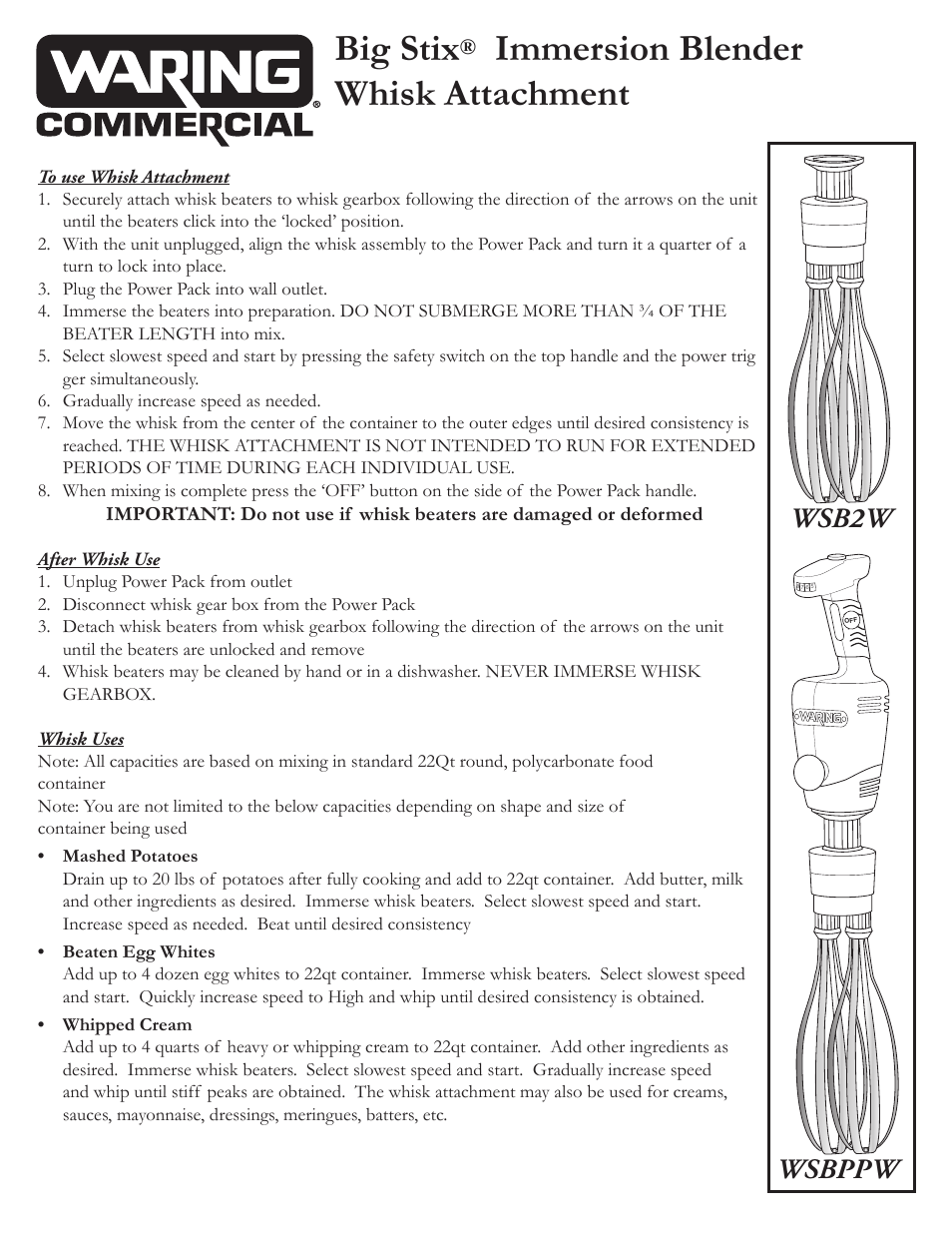 Waring WSBPPW User Manual | 2 pages