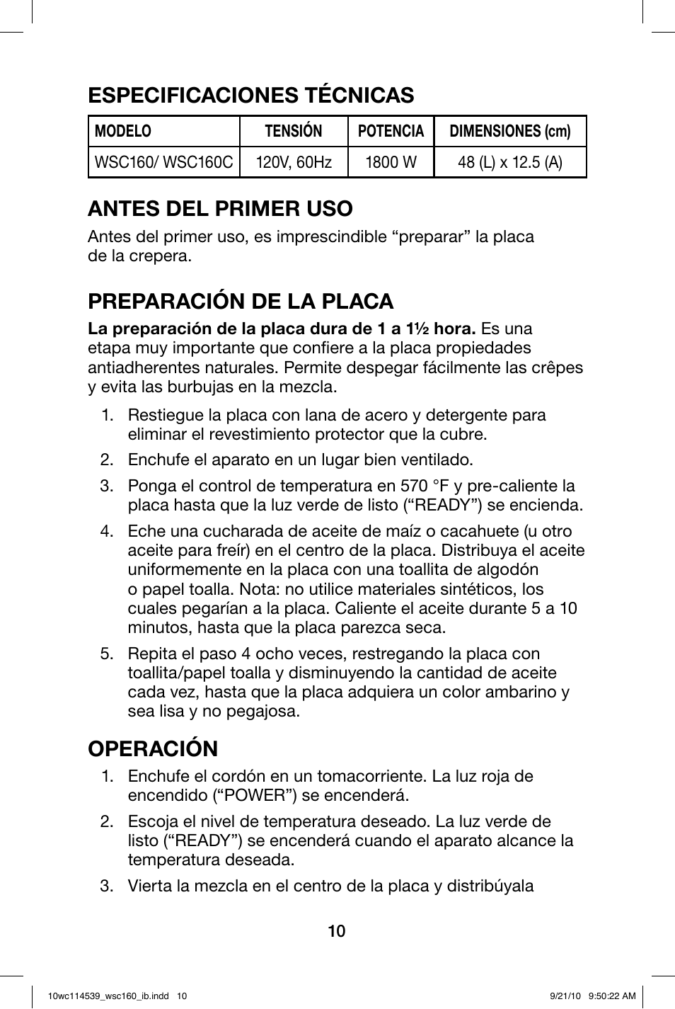 Especificaciones técnicas, Antes del primer uso, Preparación de la placa | Operación | Waring WSC160 User Manual | Page 10 / 20