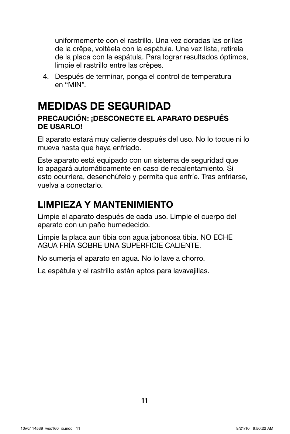 Medidas de seguridad, Limpieza y mantenimiento | Waring WSC160 User Manual | Page 11 / 20