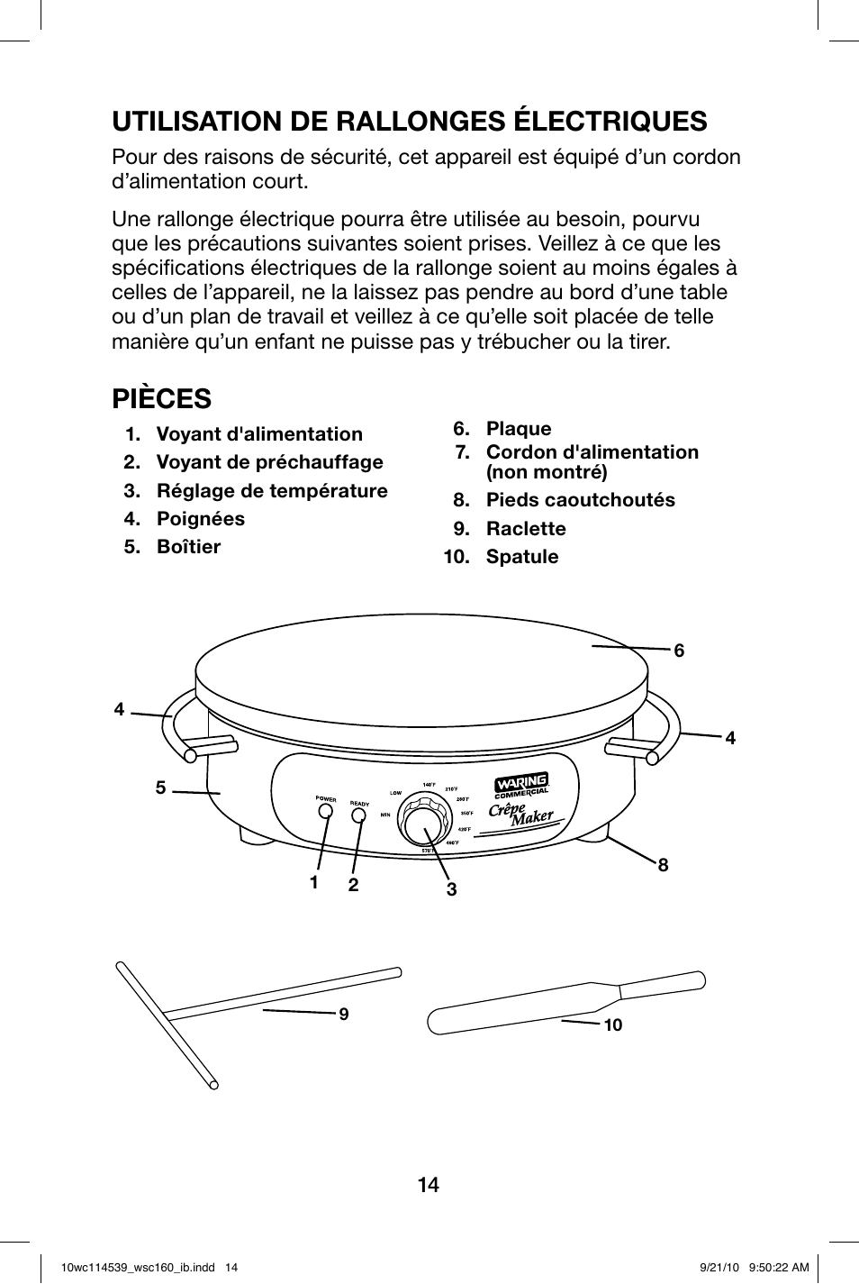 Utilisation de rallonges électriques, Pièces | Waring WSC160 User Manual | Page 14 / 20