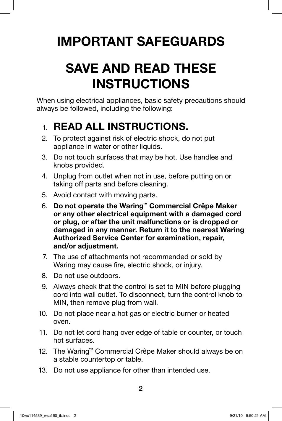 Read all instructions | Waring WSC160 User Manual | Page 2 / 20