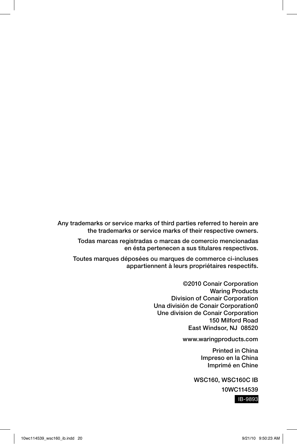 Waring WSC160 User Manual | Page 20 / 20