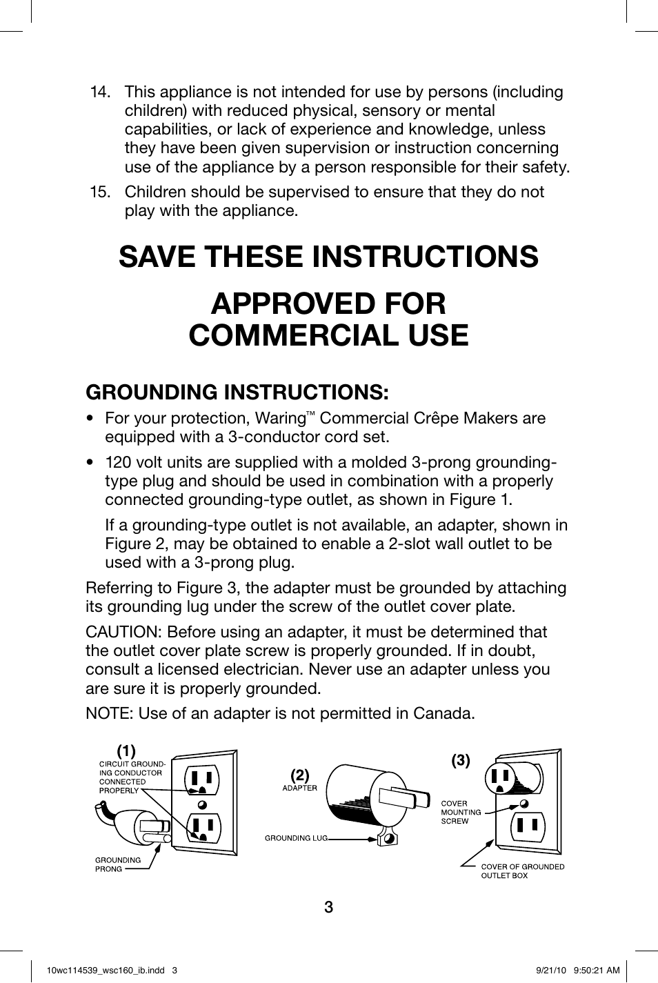 Grounding instructions | Waring WSC160 User Manual | Page 3 / 20