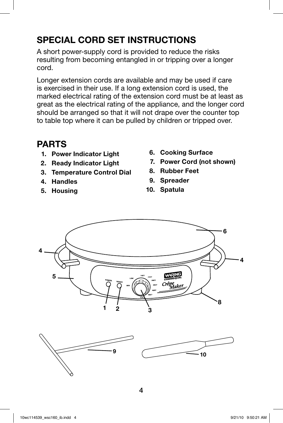 Special cord set instructions, Parts | Waring WSC160 User Manual | Page 4 / 20