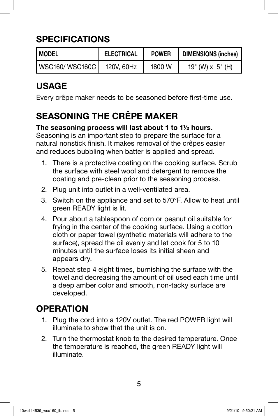 Specifications, Usage, Seasoning the crêpe maker | Operation | Waring WSC160 User Manual | Page 5 / 20