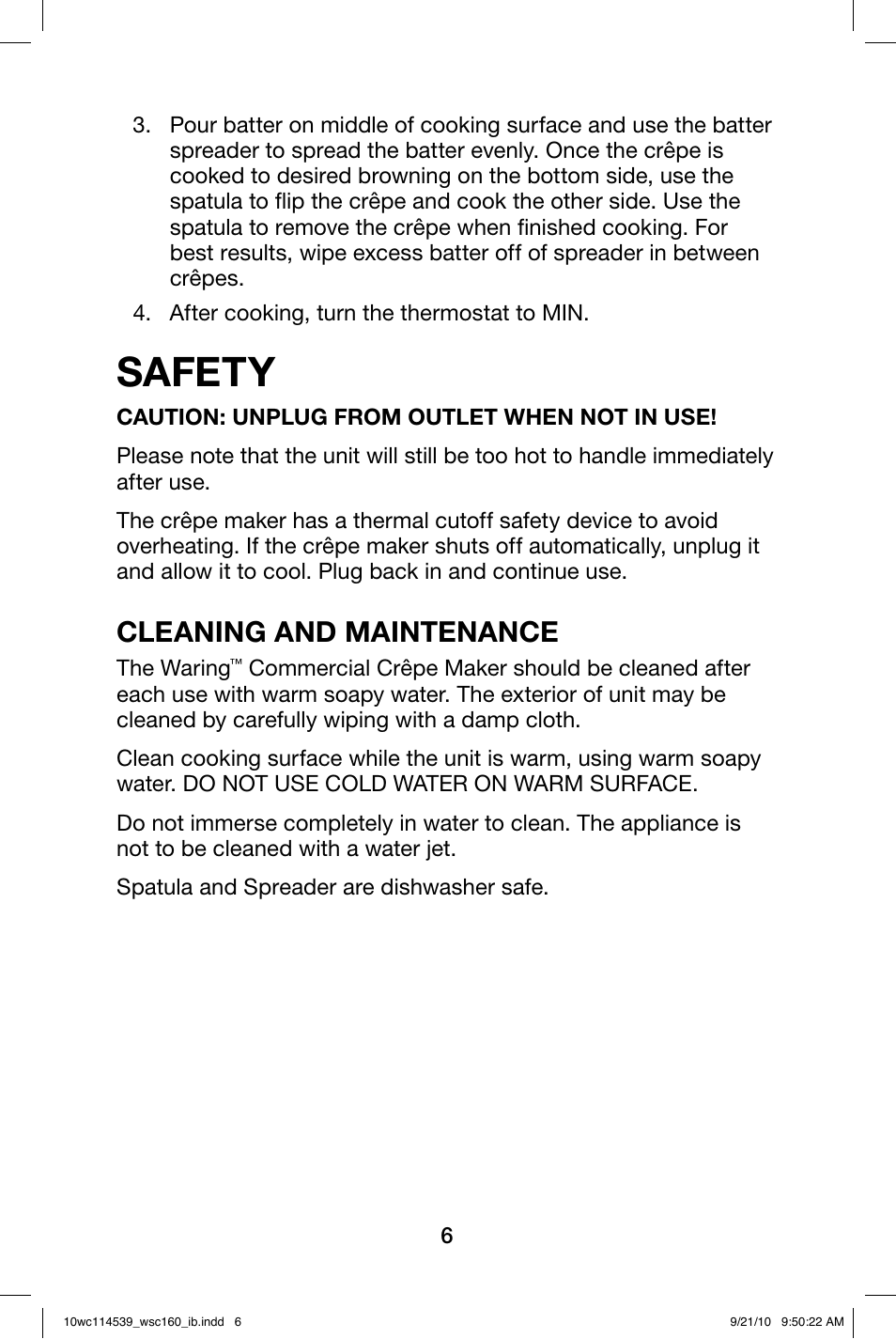 Safety, Cleaning and maintenance | Waring WSC160 User Manual | Page 6 / 20