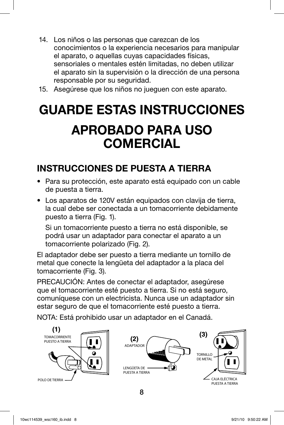 Instrucciones de puesta a tierra | Waring WSC160 User Manual | Page 8 / 20