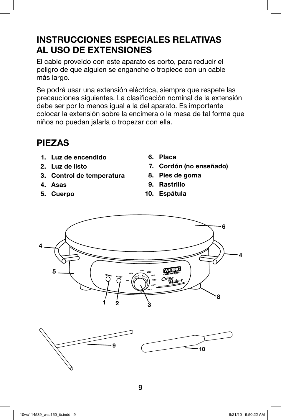 Piezas | Waring WSC160 User Manual | Page 9 / 20