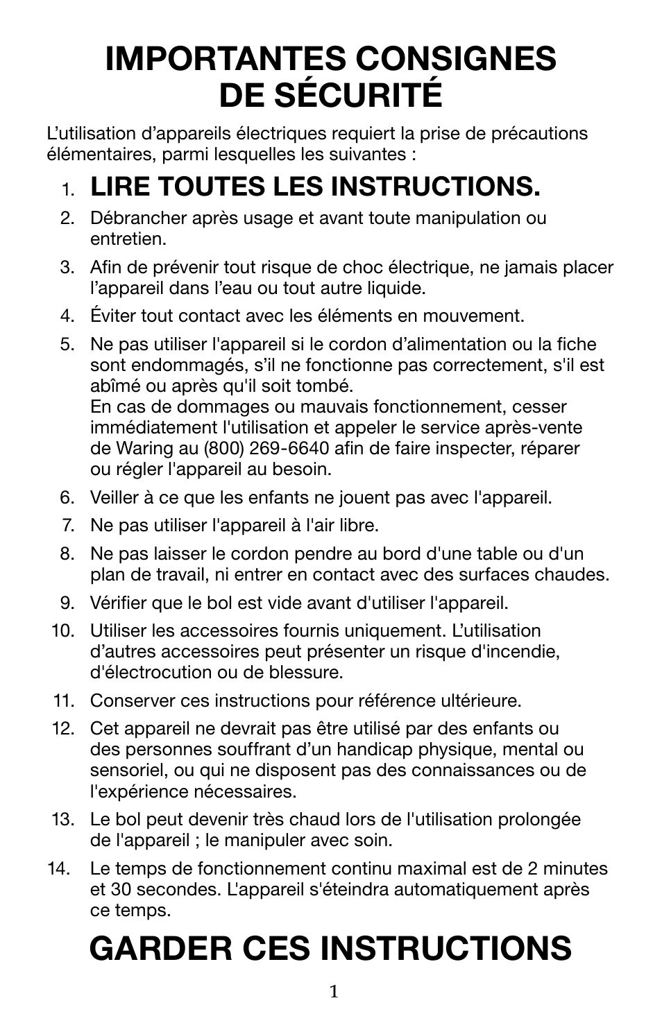 Importantes consignes de sécurité, Garder ces instructions, Lire toutes les instructions | Waring WSG60 User Manual | Page 15 / 22