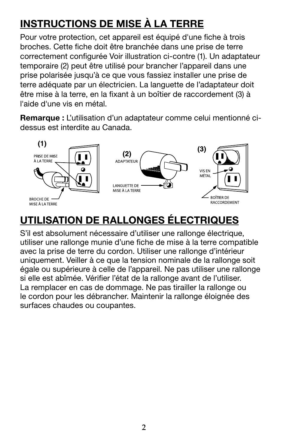 Instructions de mise à la terre, Utilisation de rallonges électriques | Waring WSG60 User Manual | Page 16 / 22