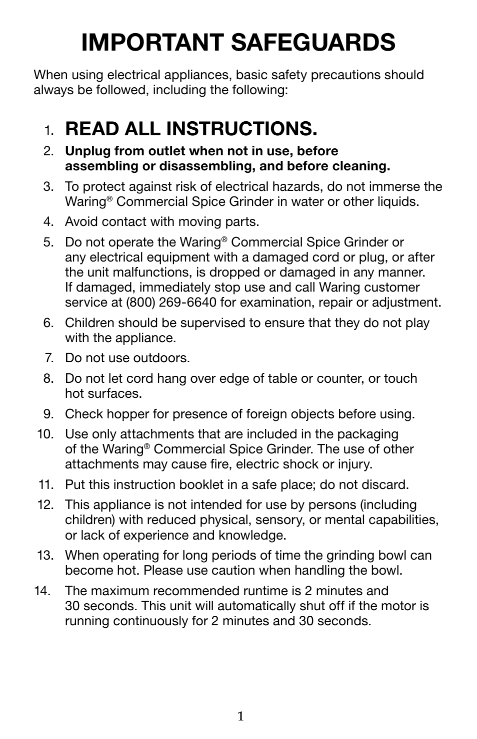Important safeguards, Read all instructions | Waring WSG60 User Manual | Page 2 / 22