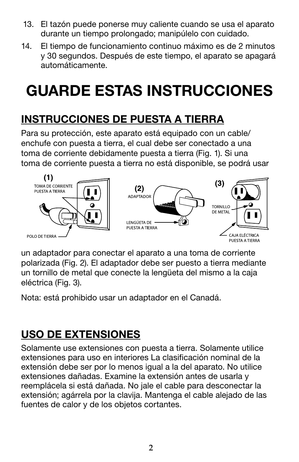 Guarde estas instrucciones, Instrucciones de puesta a tierra, Uso de extensiones | Waring WSG60 User Manual | Page 9 / 22