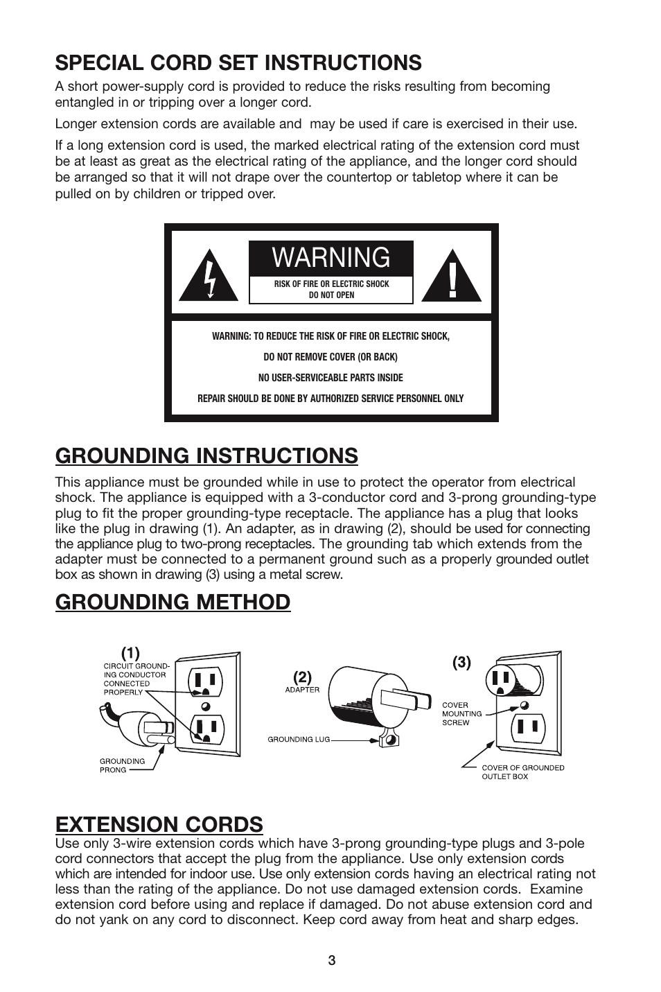 Warning, Special cord set instructions, Grounding instructions | Grounding method extension cords | Waring WSM7Q User Manual | Page 3 / 8