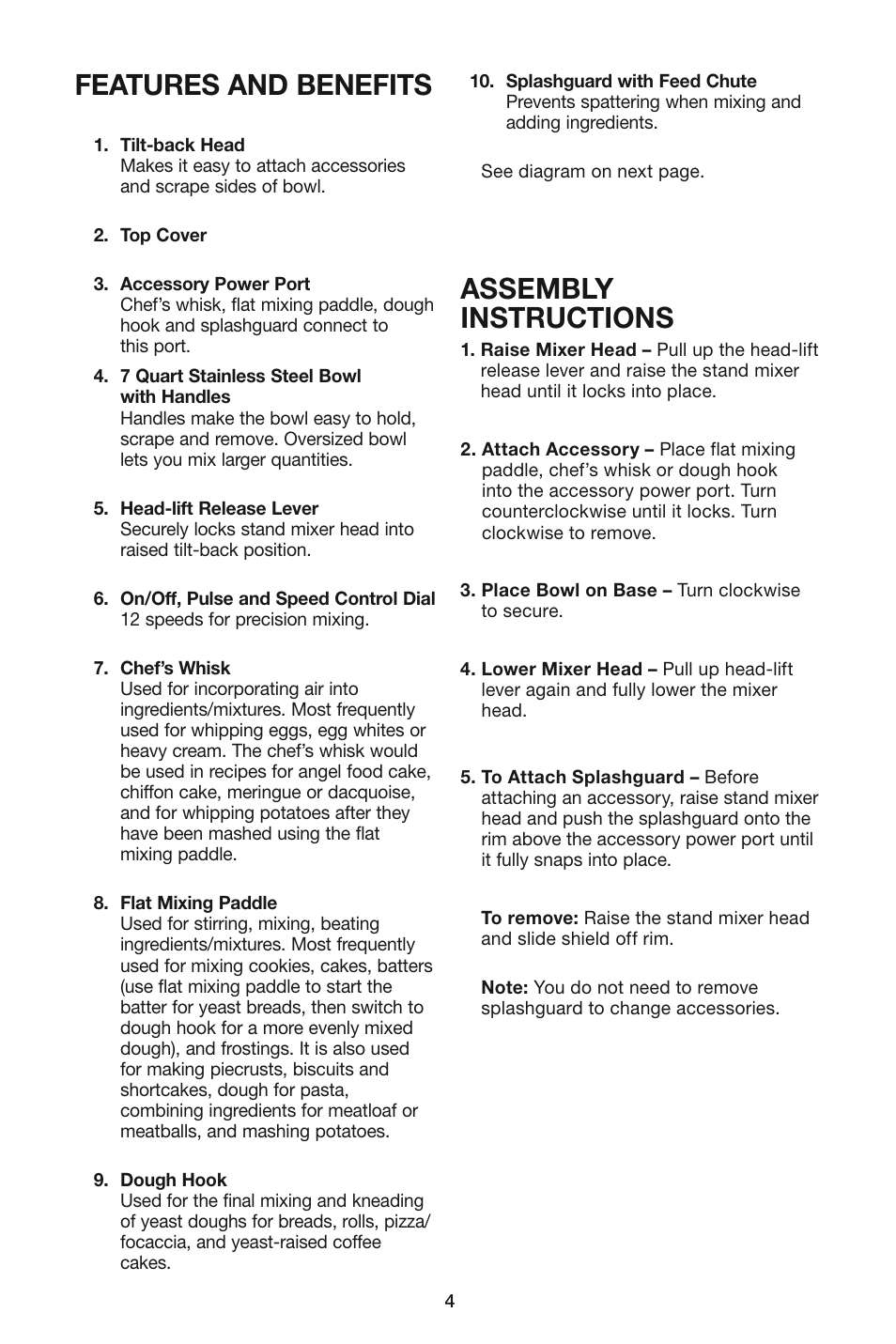Features and benefits, Assembly instructions | Waring WSM7Q User Manual | Page 4 / 8