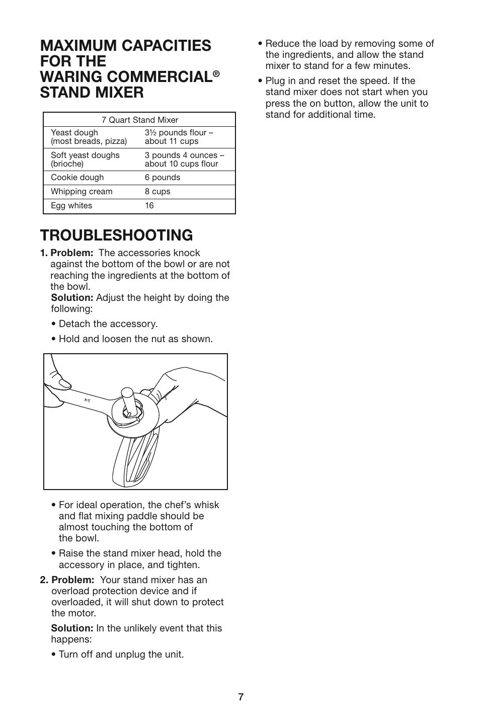 Maximum capacities for the waring commercial, Stand mixer troubleshooting | Waring WSM7Q User Manual | Page 7 / 8