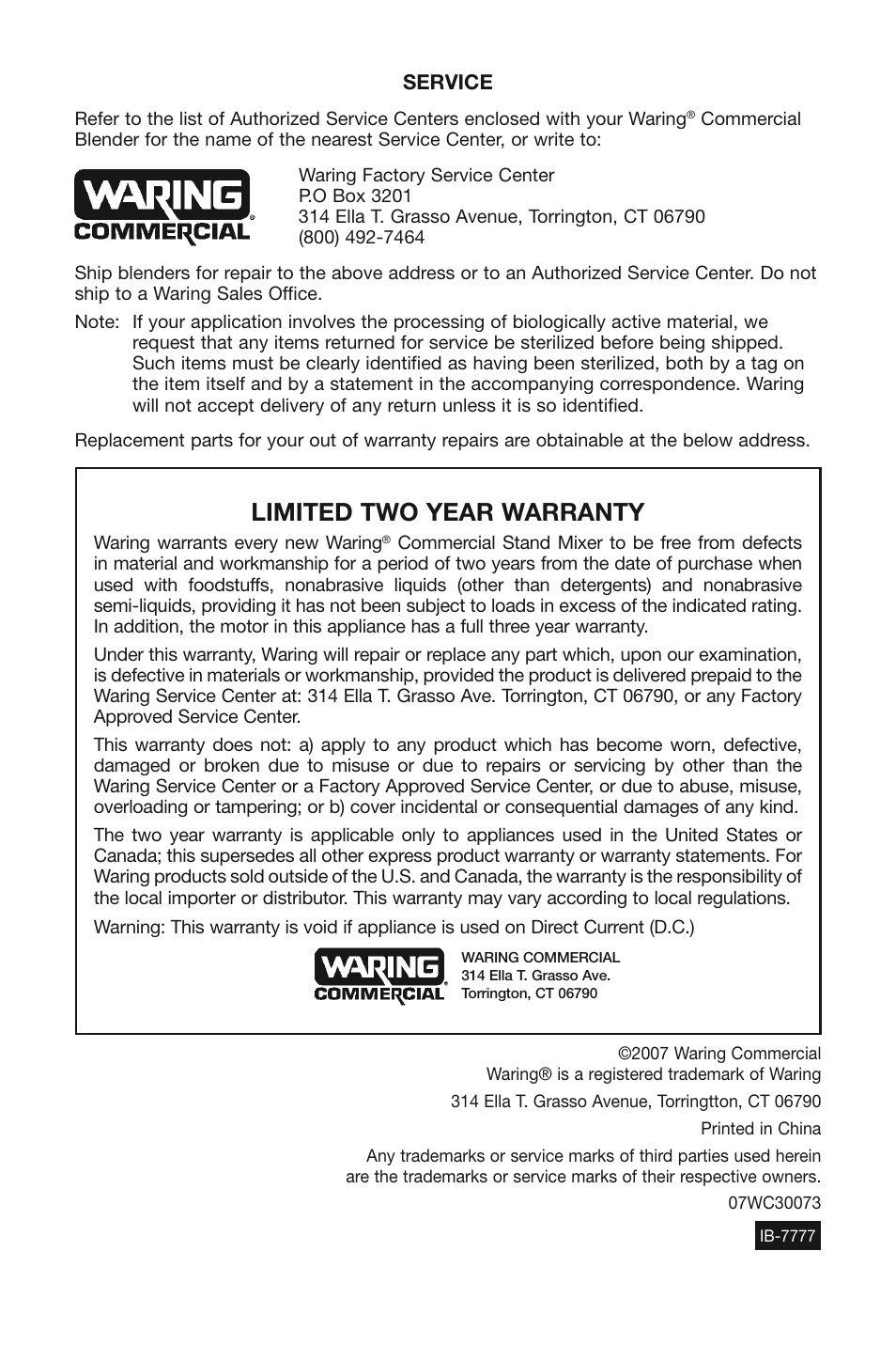 Limited two year warranty | Waring WSM7Q User Manual | Page 8 / 8