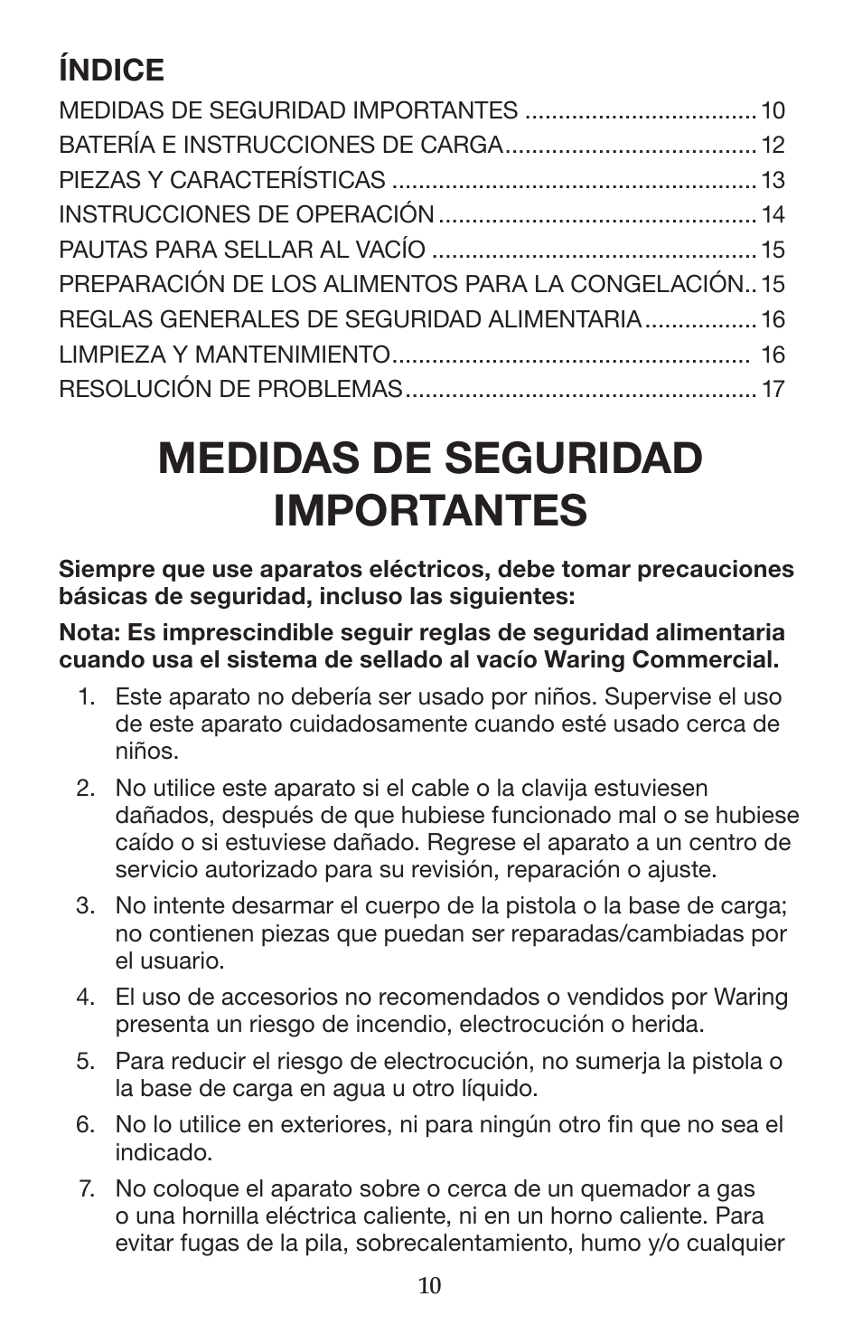 Medidas de seguridad importantes, Índice | Waring WVS50 User Manual | Page 10 / 28