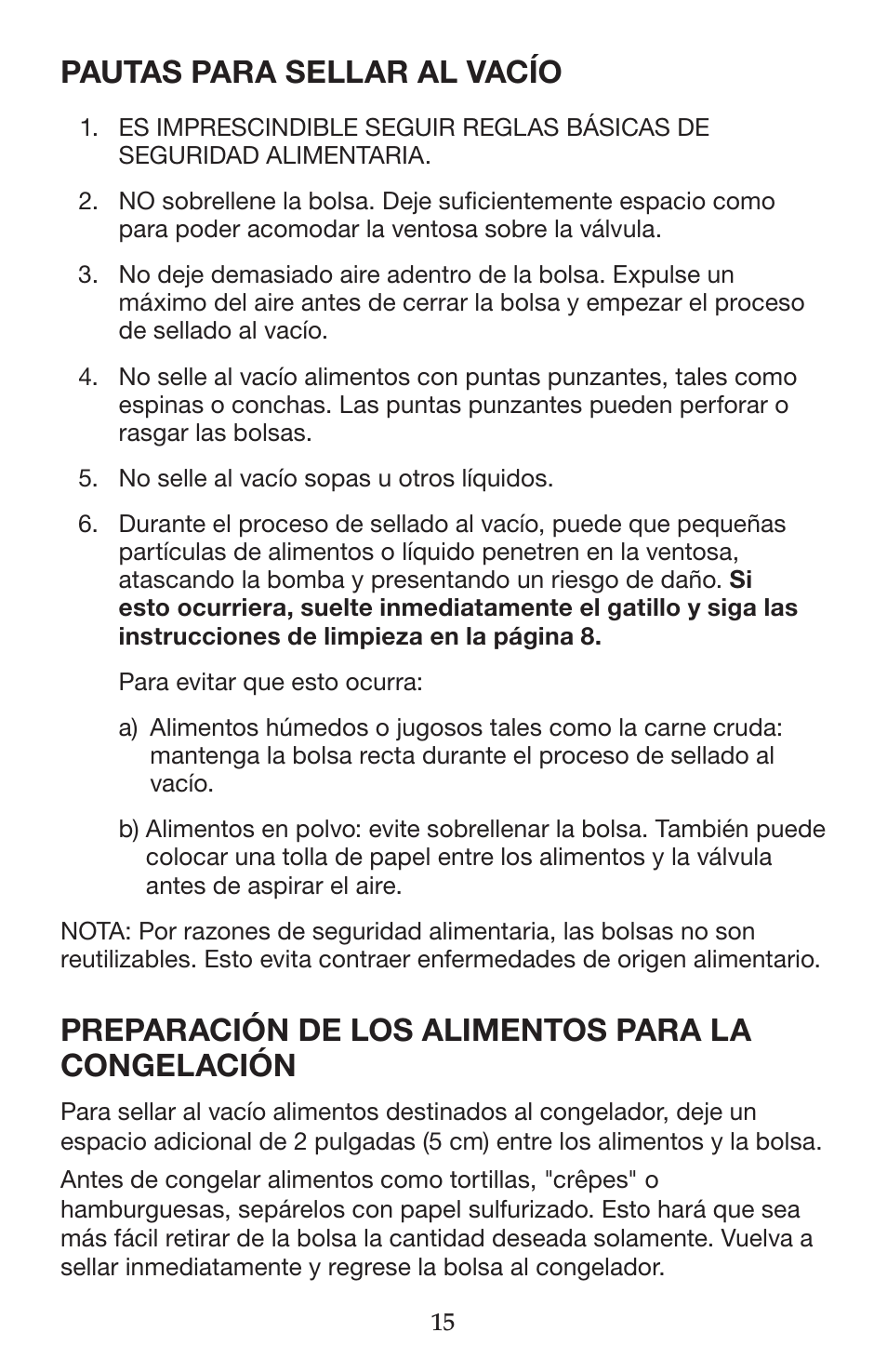 Pautas para sellar al vacío, Preparación de los alimentos para la congelación | Waring WVS50 User Manual | Page 15 / 28