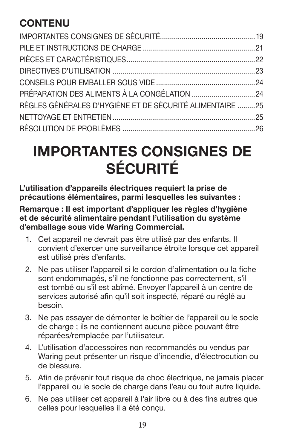 Importantes consignes de sécurité, Contenu | Waring WVS50 User Manual | Page 19 / 28