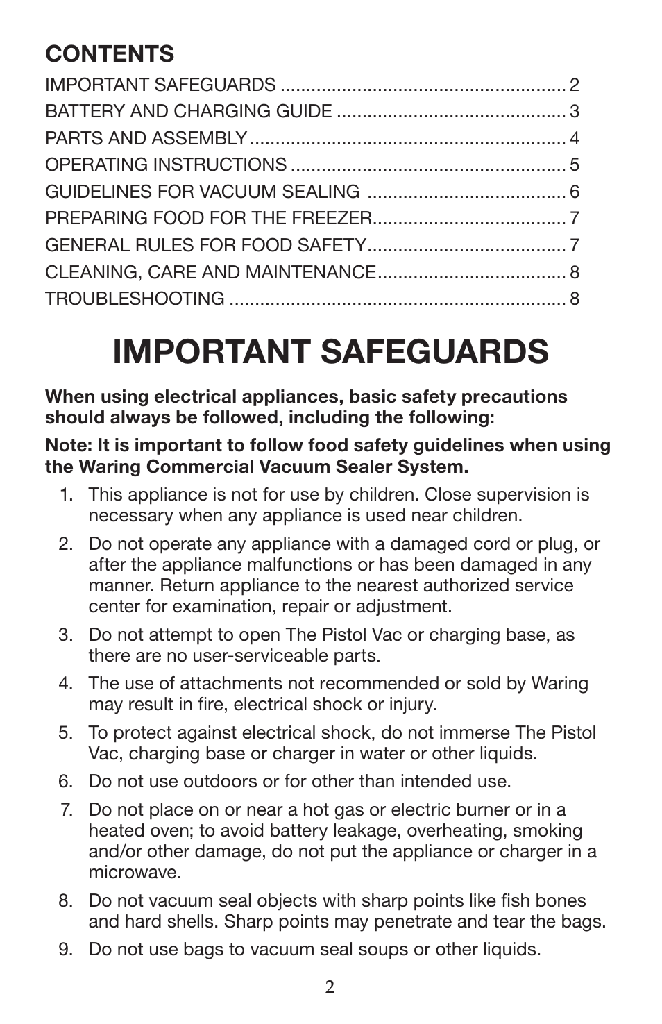Waring WVS50 User Manual | Page 2 / 28