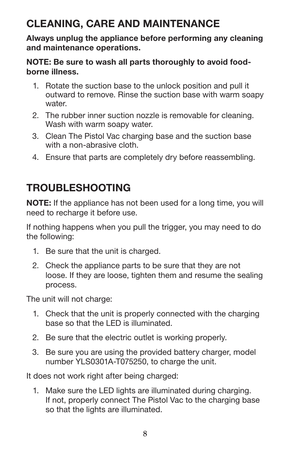 Cleaning, care and maintenance, Troubleshooting | Waring WVS50 User Manual | Page 8 / 28