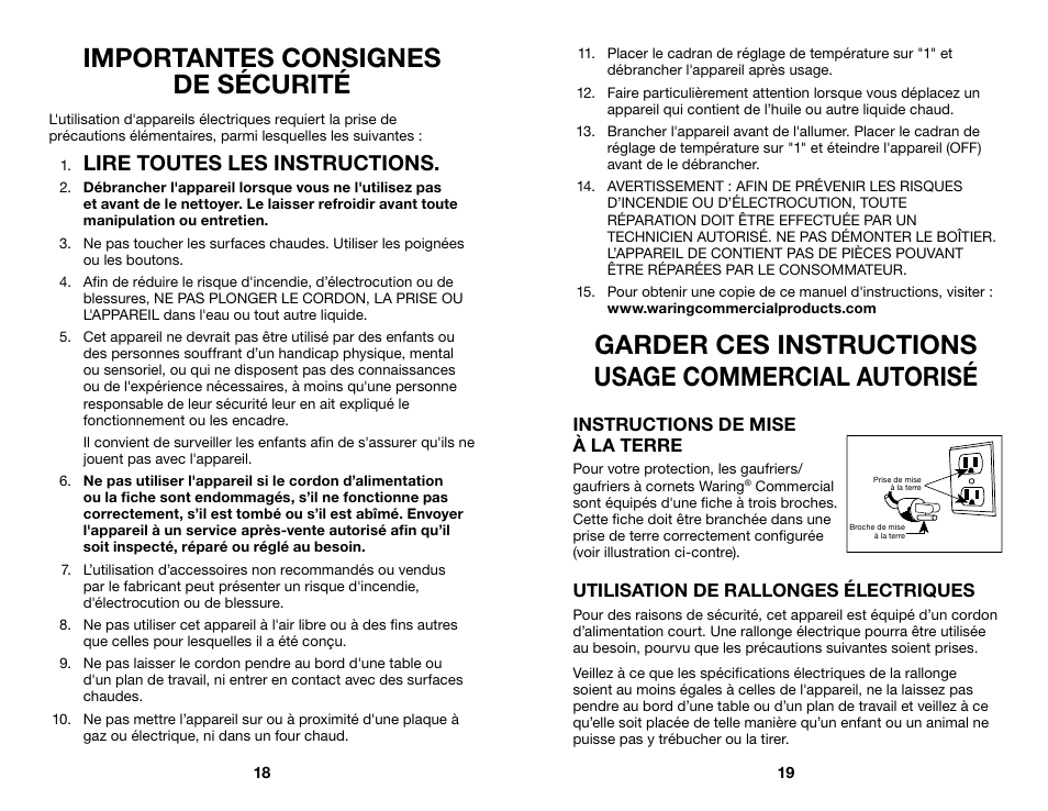 Importantes consignes de sécurité, Garder ces instructions usage commercial autorisé, Lire toutes les instructions | Waring WWD200 User Manual | Page 10 / 15