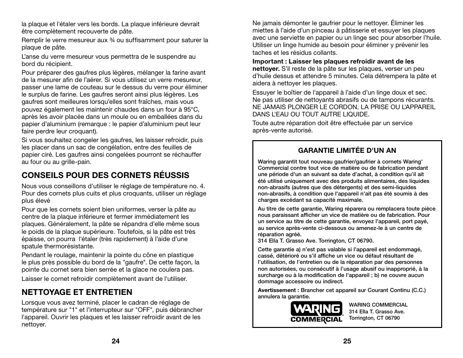 Conseils pour des cornets réussis, Nettoyage et entretien | Waring WWD200 User Manual | Page 13 / 15