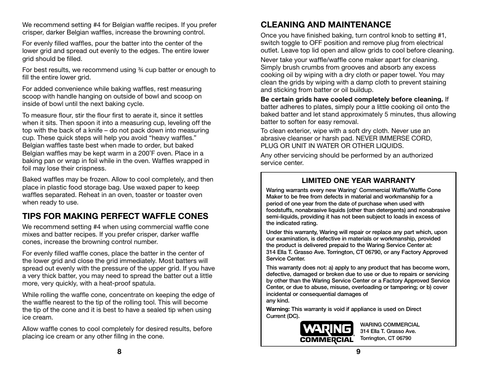 Tips for making perfect waffle cones, Cleaning and maintenance | Waring WWD200 User Manual | Page 5 / 15