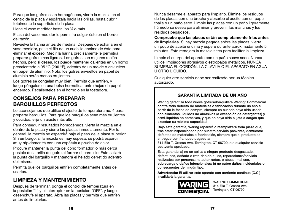 Consejos para preparar barquillos perfectos, Limpieza y mantenimiento | Waring WWD200 User Manual | Page 9 / 15