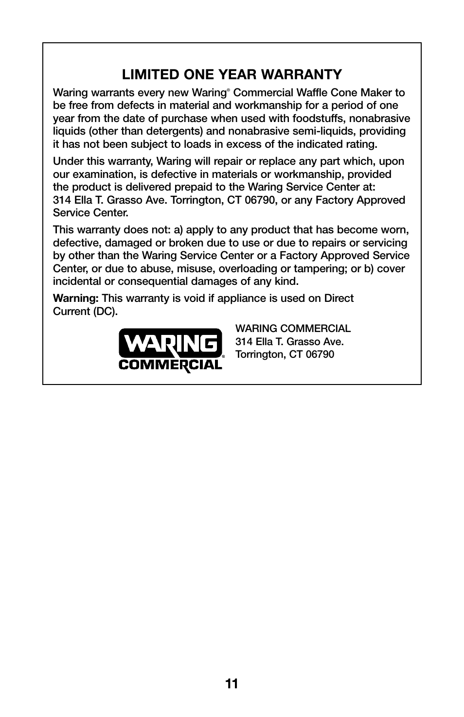 11 limited one year warranty | Waring WWCM200 User Manual | Page 11 / 32