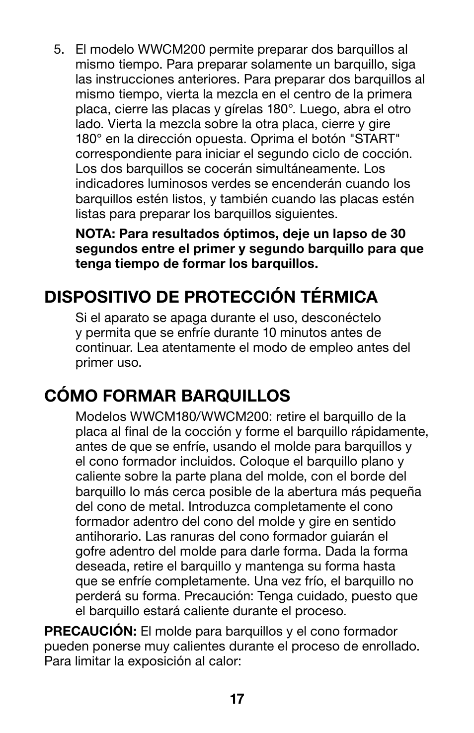 Dispositivo de protección térmica, Cómo formar barquillos | Waring WWCM200 User Manual | Page 17 / 32