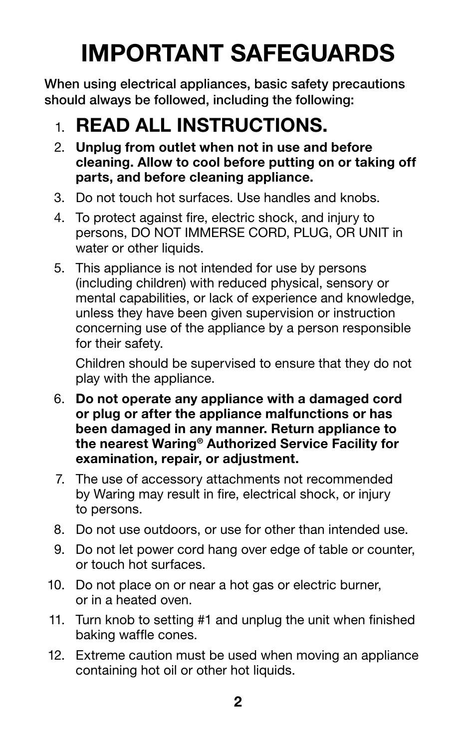 Important safeguards, Read all instructions | Waring WWCM200 User Manual | Page 2 / 32