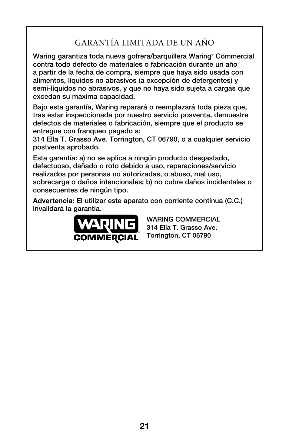 21 garantía limitada de un año | Waring WWCM200 User Manual | Page 21 / 32